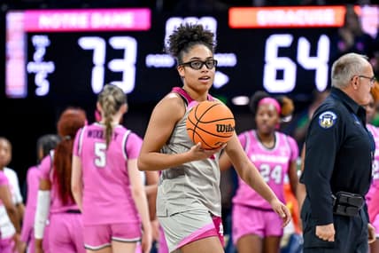 Feb 12, 2023; South Bend, Indiana, USA; Notre Dame Fighting Irish guard Olivia Miles (5) walks toward her bench after the game against the Syracuse Orange at the Purcell Pavilion. Mandatory Credit: Matt Cashore-USA TODAY Sports