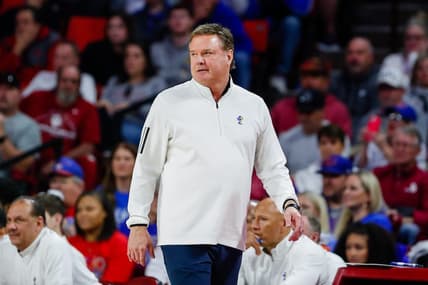 Feb 11, 2023; Norman, Oklahoma, USA; Kansas Jayhawks head coach Bill Self watches his team play against the Oklahoma Sooners during the second half at Lloyd Noble Center. Kansas won 78-55. Mandatory Credit: Alonzo Adams-USA TODAY Sports
