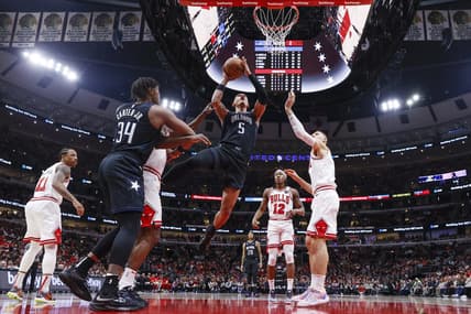 Feb 13, 2023; Chicago, Illinois, USA; Orlando Magic forward Paolo Banchero (5) goes to the basket against the Chicago Bulls during the first half at United Center. Mandatory Credit: Kamil Krzaczynski-USA TODAY Sports
