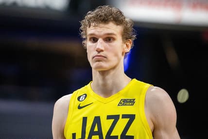 Feb 13, 2023; Indianapolis, Indiana, USA; Utah Jazz forward Lauri Markkanen (23) in the second quarter against the Indiana Pacers at Gainbridge Fieldhouse. Mandatory Credit: Trevor Ruszkowski-USA TODAY Sports