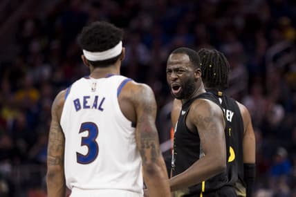 Feb 13, 2023; San Francisco, California, USA; Golden State Warriors forward Draymond Green (23) yells at Washington Wizards guard Bradley Beal (3) during the second half at Chase Center. Mandatory Credit: John Hefti-USA TODAY Sports