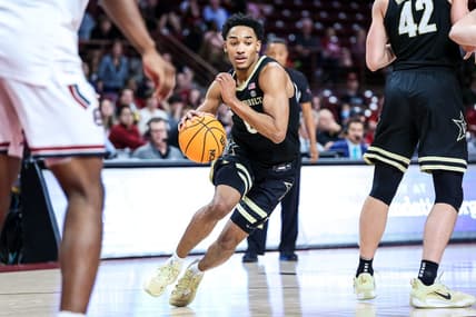 Feb 14, 2023; Columbia, South Carolina, USA; Vanderbilt Commodores guard Tyrin Lawrence (0) drives against the South Carolina Gamecocks in the second half at Colonial Life Arena. Mandatory Credit: Jeff Blake-USA TODAY Sports