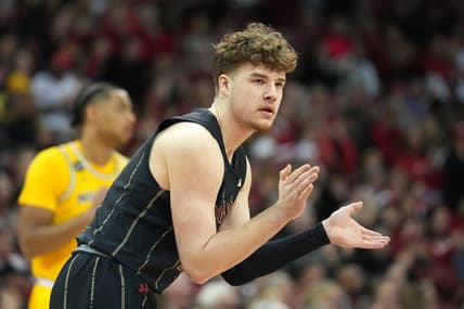 Feb 14, 2023; Madison, Wisconsin, USA;  Wisconsin Badgers guard Max Klesmit (11) celebrates scoring a basket during the first half against the Michigan Wolverines at the Kohl Center. Mandatory Credit: Kayla Wolf-USA TODAY Sports
