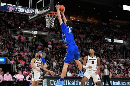 Feb 14, 2023; Providence, Rhode Island, USA; Creighton Bluejays center Ryan Kalkbrenner (11) shoots the ball during the second half against the against the Providence Friars  Amica Mutual Pavilion. Mandatory Credit: Eric Canha-USA TODAY Sports