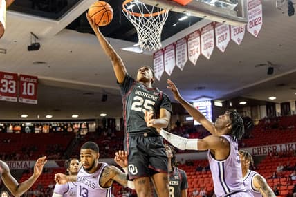 Oklahoma guard Grant Sherfield (25) jumps to shoot in the first half during a basketball game between The Oklahoma Sooners (OU) and Kansas State Wildcats at the Lloyd Noble Center in Norman, Okla., Tuesday, Feb. 14, 2023.

Ou Vs Kstate