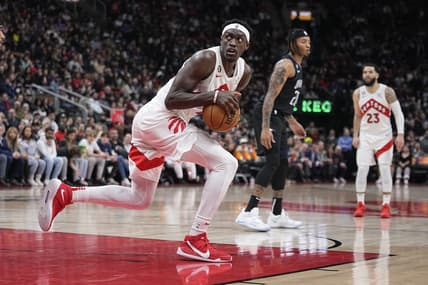 Feb 14, 2023; Toronto, Ontario, CAN; Toronto Raptors forward Pascal Siakam (43) controls the ball against the Orlando Magic during the second half at Scotiabank Arena. Mandatory Credit: John E. Sokolowski-USA TODAY Sports