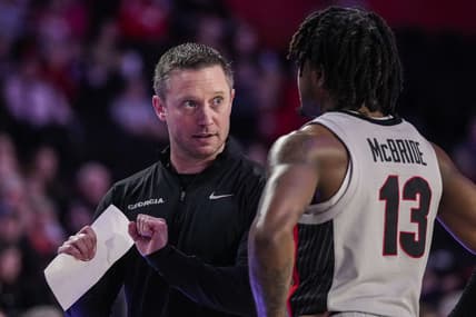 Feb 14, 2023; Athens, Georgia, USA; Georgia Bulldogs head coach Mike White talks to guard Mardrez McBride (13) during the game against the LSU Tigers during the second half at Stegeman Coliseum. Mandatory Credit: Dale Zanine-USA TODAY Sports