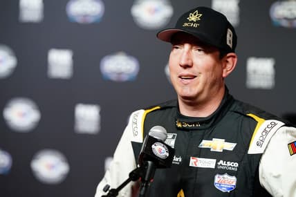 Feb 15, 2023; Daytona Beach, Florida, USA; NASCAR Cup Series driver Kyle Busch (8) talks with the press during media day at Daytona International Speedway. Mandatory Credit: John David Mercer-USA TODAY Sports
