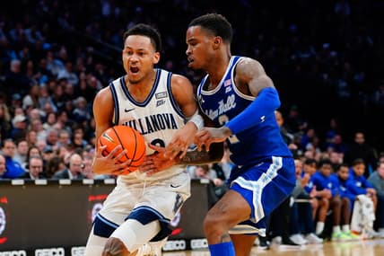 Feb 11, 2023; Philadelphia, Pennsylvania, USA; Villanova Wildcats guard Mark Armstrong (2) drives the ball against Seton Hall Pirates guard Al-Amir Dawes (2) during the second half at Wells Fargo Center. Mandatory Credit: Gregory Fisher-USA TODAY Sports