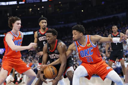 Feb 15, 2023; Oklahoma City, Oklahoma, USA; Houston Rockets forward Jae'Sean Tate (8) looses control of the ball between Oklahoma City Thunder guard Aaron Wiggins (21) and guard Josh Giddey (3) during the second quarter at Paycom Center. Mandatory Credit: Alonzo Adams-USA TODAY Sports