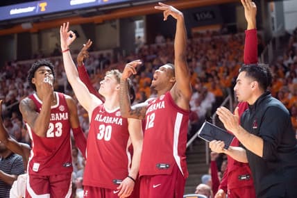 Alabama's bench celebrates after a made three-pointer during a basketball game between the Tennessee Volunteers and the Alabama Crimson Tide held at Thompson-Boling Arena in Knoxville, Tenn., on Wednesday, Feb. 15, 2023.

Kns Vols Bama Hoops
