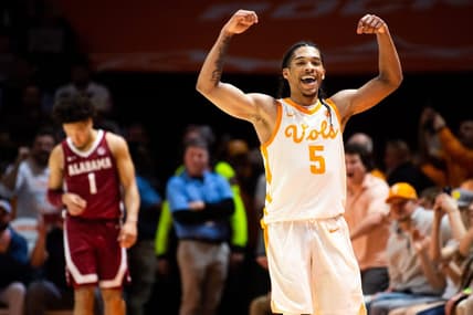 Tennessee guard Zakai Zeigler (5) pumps up the crowd in the final minutes of a basketball game between the Tennessee Volunteers and the Alabama Crimson Tide held at Thompson-Boling Arena in Knoxville, Tenn., on Wednesday, Feb. 15, 2023.

Kns Vols Ut Martin Bp