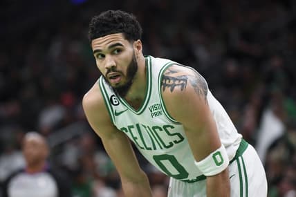 Feb 15, 2023; Boston, Massachusetts, USA;  Boston Celtics forward Jayson Tatum (0) during the first half against the Detroit Pistons at TD Garden. Mandatory Credit: Bob DeChiara-USA TODAY Sports