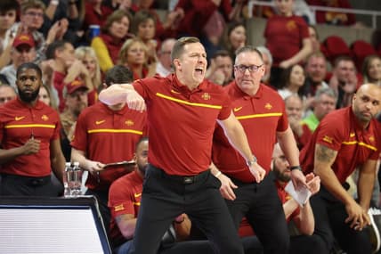 Feb 15, 2023; Ames, Iowa, USA; Iowa State Cyclones head coach T.J. Otzelberger talks to his team during their game with the TCU Horned Frogs in the first half at James H. Hilton Coliseum. Mandatory Credit: Reese Strickland-USA TODAY Sports