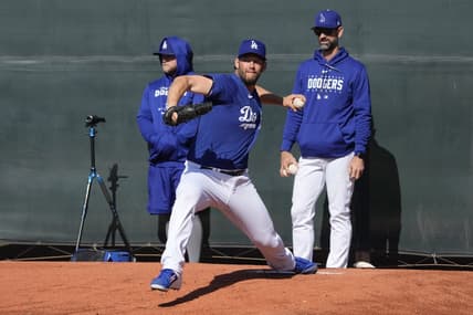 Feb 16, 2023; Glendale, AZ, USA; Los Angeles Dodgers starting pitcher Clayton Kershaw (22) throws in the bullpen during spring training camp. Mandatory Credit: Rick Scuteri-USA TODAY Sports