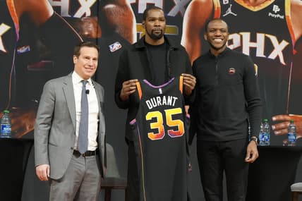 Feb 16, 2023; Phoenix, AZ, USA; Phoenix Suns owner Mat Ishbia, Forward Kevin Durant and General Manager James Jones pose for a photo at Footprint Center. Mandatory Credit: Rick Scuteri-USA TODAY Sports