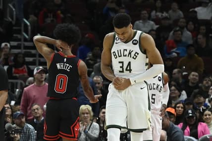 Feb 16, 2023; Chicago, Illinois, USA;  Milwaukee Bucks forward Giannis Antetokounmpo (34) holds his wrist after colliding with Chicago Bulls guard Coby White (0) during the first half at the United Center. Mandatory Credit: Matt Marton-USA TODAY Sports