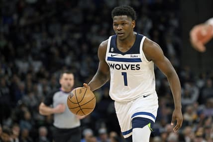 Feb 16, 2023; Minneapolis, Minnesota, USA;  Minnesota Timberwolves guard Anthony Edwards (1) brings the ball up-court against the Washington Wizards during the second quarter at Target Center. Mandatory Credit: Nick Wosika-USA TODAY Sports