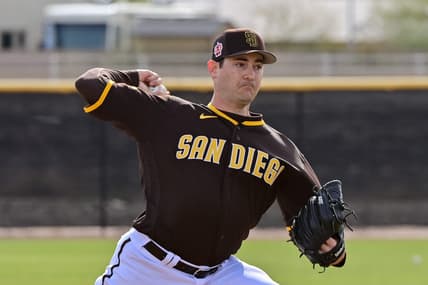 Feb 17, 2023; Glendale, AZ, USA;  San Diego Padres relief pitcher Seth Lugo (67) throws during a Spring Training workout at Peoria Sports Complex. Mandatory Credit: Matt Kartozian-USA TODAY Sports