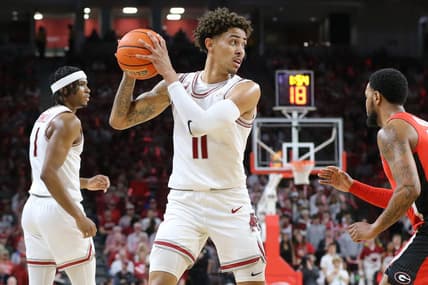 Feb 21, 2023; Fayetteville, Arkansas, USA; Arkansas Razorbacks forward Jalen Graham (11) looks to pass in the first half against the Georgia Bulldogs at Bud Walton Arena. Mandatory Credit: Nelson Chenault-USA TODAY Sports