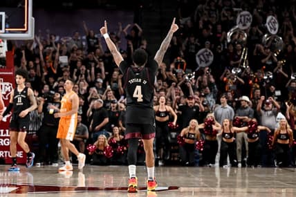Feb 21, 2023; College Station, Texas, USA; Texas A&M Aggies guard Wade Taylor IV (4) reacts to their win over Tennessee Volunteers at Reed Arena. Mandatory Credit: Maria Lysaker-USA TODAY Sports