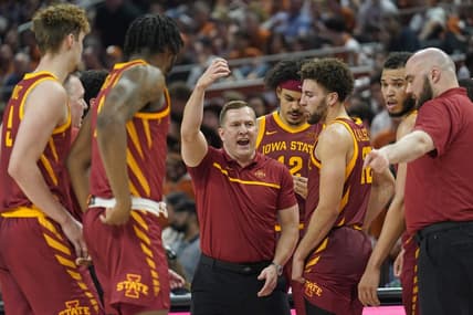 Feb 21, 2023; Austin, Texas, USA; Iowa State Cyclones head coach T. J. Otzelberger talks with players during a timeout in the second half against the Texas Longhorns at Moody Center. Mandatory Credit: Scott Wachter-USA TODAY Sports