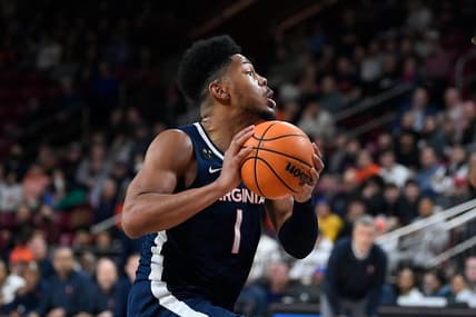 Feb 22, 2023; Chestnut Hill, Massachusetts, USA; Virginia Cavaliers forward Jayden Gardner (1) controls the ball against the Boston College Eagles during the first half at Conte Forum. Mandatory Credit: Eric Canha-USA TODAY Sports