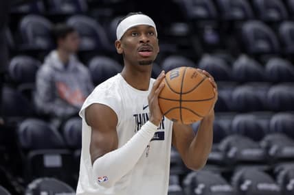 Feb 23, 2023; Salt Lake City, Utah, USA; Oklahoma City Thunder guard Shai Gilgeous-Alexander (2) warms up before the game against the Utah Jazz at Vivint Arena. Mandatory Credit: Chris Nicoll-USA TODAY Sports