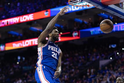 Feb 23, 2023; Philadelphia, Pennsylvania, USA; Philadelphia 76ers center Joel Embiid (21) dunks the ball against the Memphis Grizzlies during the first quarter at Wells Fargo Center. Mandatory Credit: Bill Streicher-USA TODAY Sports