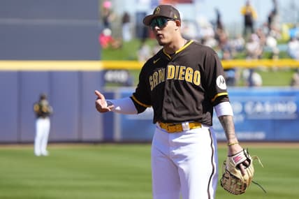 Feb 24, 2023; Peoria, Arizona, USA; San Diego Padres third baseman Manny Machado (13) talks to an umpire in the first inning during a spring training game against the Seattle Mariners at Peoria Sports Complex. Mandatory Credit: Rick Scuteri-USA TODAY Sports