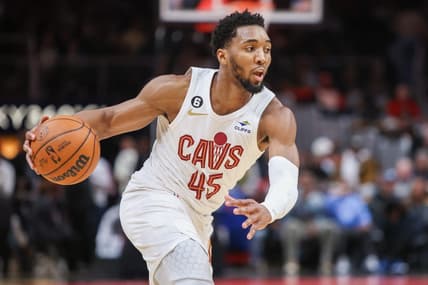 Feb 24, 2023; Atlanta, Georgia, USA; Cleveland Cavaliers guard Donovan Mitchell (45) dribbles against the Atlanta Hawks in the first quarter at State Farm Arena. Mandatory Credit: Brett Davis-USA TODAY Sports