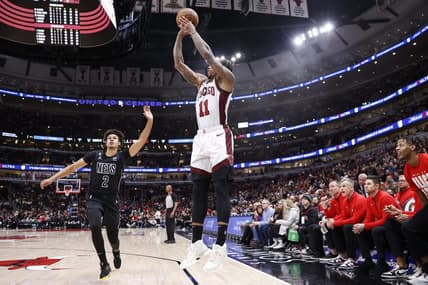 Feb 24, 2023; Chicago, Illinois, USA; Chicago Bulls forward DeMar DeRozan (11) shoots against the Brooklyn Nets during the first half at United Center. Mandatory Credit: Kamil Krzaczynski-USA TODAY Sports