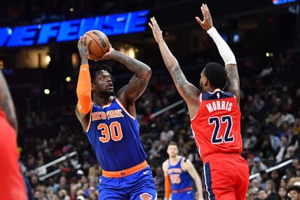 Feb 24, 2023; Washington, District of Columbia, USA; New York Knicks forward Julius Randle (30) shoots over Washington Wizards guard Monte Morris (22) during the first half at Capital One Arena. Mandatory Credit: Brad Mills-USA TODAY Sports