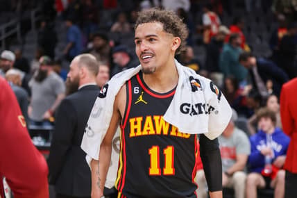 Feb 24, 2023; Atlanta, Georgia, USA; Atlanta Hawks guard Trae Young (11) celebrates after a victory against the Cleveland Cavaliers at State Farm Arena. Mandatory Credit: Brett Davis-USA TODAY Sports