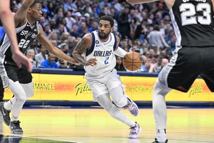 Feb 23, 2023; Dallas, Texas, USA; Dallas Mavericks guard Kyrie Irving (2) in action during the game between the Dallas Mavericks and the San Antonio Spurs at American Airlines Center. Mandatory Credit: Jerome Miron-USA TODAY Sports
