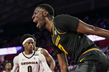 Feb 25, 2023; Athens, Georgia, USA; Missouri Tigers forward Mohamed Diarra (0) reacts after dunking against the Georgia Bulldogs during the first half at Stegeman Coliseum. Mandatory Credit: Dale Zanine-USA TODAY Sports