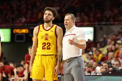 Feb 25, 2023; Ames, Iowa, USA; Iowa State Cyclones head coach T.J. Otzelberger talks to guard Gabe Kalscheur (22) during their game with the Oklahoma Sooners in the second half at James H. Hilton Coliseum. Mandatory Credit: Reese Strickland-USA TODAY Sports