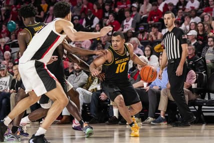 Feb 25, 2023; Athens, Georgia, USA; Missouri Tigers guard Nick Honor (10) dribbles against the Georgia Bulldogs during the first half at Stegeman Coliseum. Mandatory Credit: Dale Zanine-USA TODAY Sports
