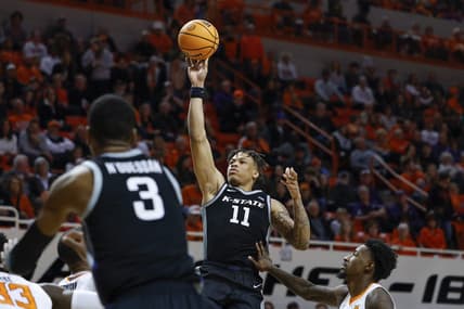 Feb 25, 2023; Stillwater, Oklahoma, USA; Kansas State Wildcats forward Keyontae Johnson (11) shoots against the Oklahoma State Cowboys during the second half at Gallagher-Iba Arena. Kansas State won 73-68. Mandatory Credit: Alonzo Adams-USA TODAY Sports