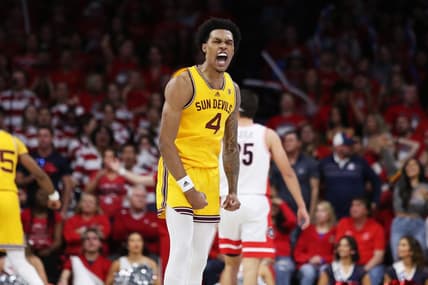 Feb 25, 2023; Tucson, Arizona, USA; Arizona State Sun Devils guard Desmond Cambridge Jr. (4) celebrates a three point basket against Arizona Wildcats in the second half at McKale Center. Mandatory Credit: Zachary BonDurant-USA TODAY Sports