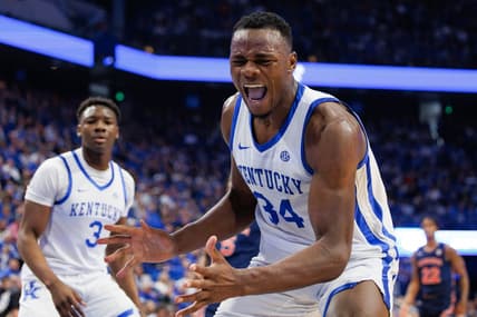Feb 25, 2023; Lexington, Kentucky, USA; Kentucky Wildcats forward Oscar Tshiebwe (34) reacts after losing a rebound out of bounds during the first half against the Auburn Tigers at Rupp Arena at Central Bank Center. Mandatory Credit: Jordan Prather-USA TODAY Sports