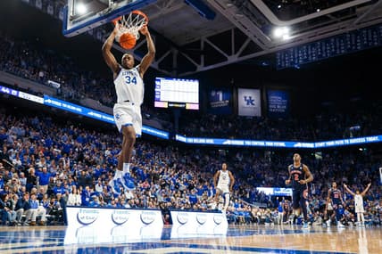 Feb 25, 2023; Lexington, Kentucky, USA; Kentucky Wildcats forward Oscar Tshiebwe (34) dunks the ball during the second half against the Auburn Tigers at Rupp Arena at Central Bank Center. Mandatory Credit: Jordan Prather-USA TODAY Sports