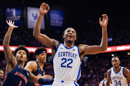 Feb 25, 2023; Lexington, Kentucky, USA; Kentucky Wildcats guard Cason Wallace (22) reacts during the first half against the Auburn Tigers at Rupp Arena at Central Bank Center. Mandatory Credit: Jordan Prather-USA TODAY Sports