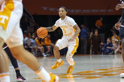 Feb 25, 2023; Knoxville, Tennessee, USA; Tennessee Volunteers guard Zakai Zeigler (5) brings the ball up court against the South Carolina Gamecocks during the first half at Thompson-Boling Arena. Mandatory Credit: Randy Sartin-USA TODAY Sports