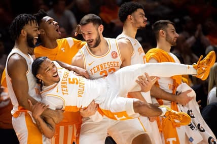 Tennessee forward Uros Plavsic (33) picks up Tennessee guard Zakai Zeigler (5) off the ground in celebration during a NCAA college basketball game between the Tennessee Volunteers and the South Carolina Gamecocks at Thompson-Boling Arena in Knoxville, Tenn. on Saturday, February 25, 2023.

Kns Vols Hoops South Carolina Bp