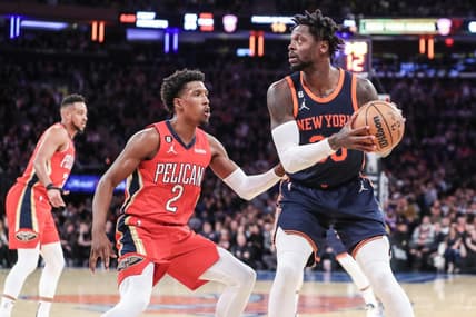 Feb 25, 2023; New York, New York, USA;  New York Knicks forward Julius Randle (30) looks to post up against New Orleans Pelicans guard Josh Richardson (2) in the second quarter at Madison Square Garden. Mandatory Credit: Wendell Cruz-USA TODAY Sports