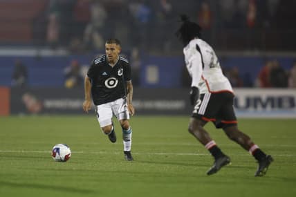 Feb 25, 2023; Frisco, Texas, USA; Minnesota United forward Franco Fragapane (7) controls the ball against FC Dallas in the first half at Toyota Stadium. Mandatory Credit: Tim Heitman-USA TODAY Sports