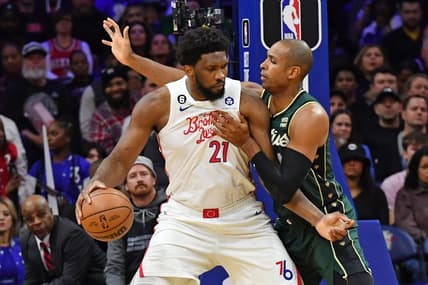 Feb 25, 2023; Philadelphia, Pennsylvania, USA; Philadelphia 76ers center Joel Embiid (21) is defended by Boston Celtics center Al Horford (42) during the second quarter at Wells Fargo Center. Mandatory Credit: Eric Hartline-USA TODAY Sports