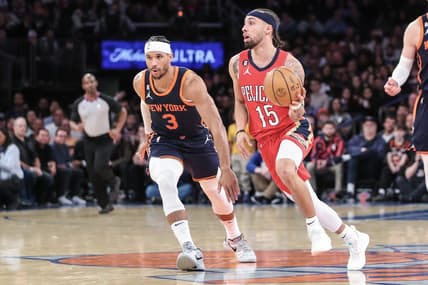 Feb 25, 2023; New York, New York, USA;  New Orleans Pelicans guard Jose Alvarado (15) drives past New York Knicks guard Josh Hart (3) at Madison Square Garden. Mandatory Credit: Wendell Cruz-USA TODAY Sports