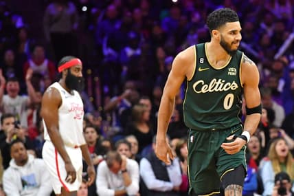 Feb 25, 2023; Philadelphia, Pennsylvania, USA; Boston Celtics forward Jayson Tatum (0) reacts after making a three point basket against the Philadelphia 76ers during the fourth quarter at Wells Fargo Center. Mandatory Credit: Eric Hartline-USA TODAY Sports